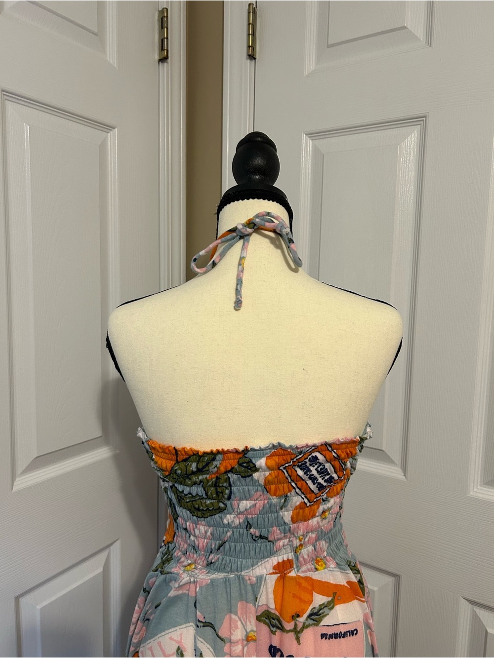 UO Out From Under Citrus Flower Print Smocked Halter Wide Leg Jumpsuit Orange S - Picture 7 of 9
